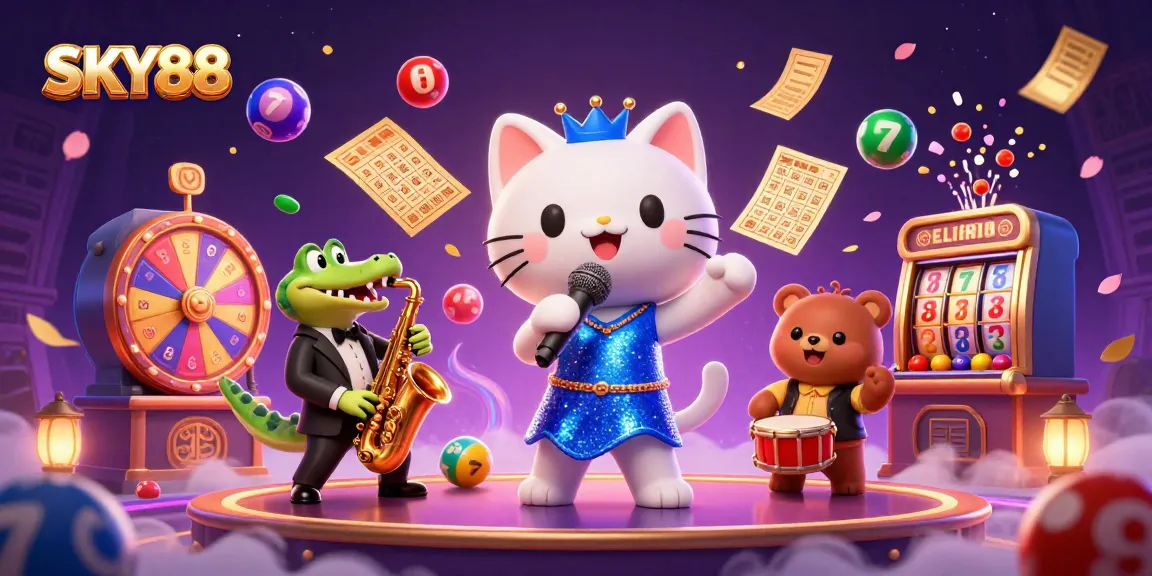 Experience the excitement of SKY88 with lively casino characters amidst colorful gaming elements!