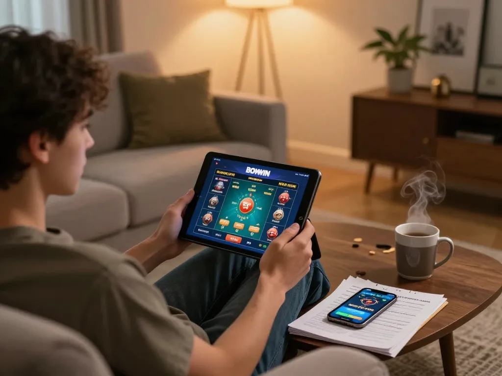 BOMWIN user engaging with online gambling on tablet in a cozy home setting, showing responsible gaming.