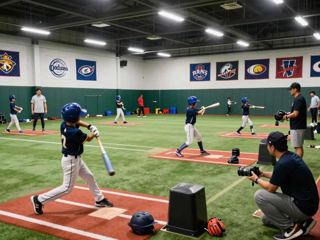 Hitclub baseball training facility with youth players practicing swings and coaches guiding sessions.