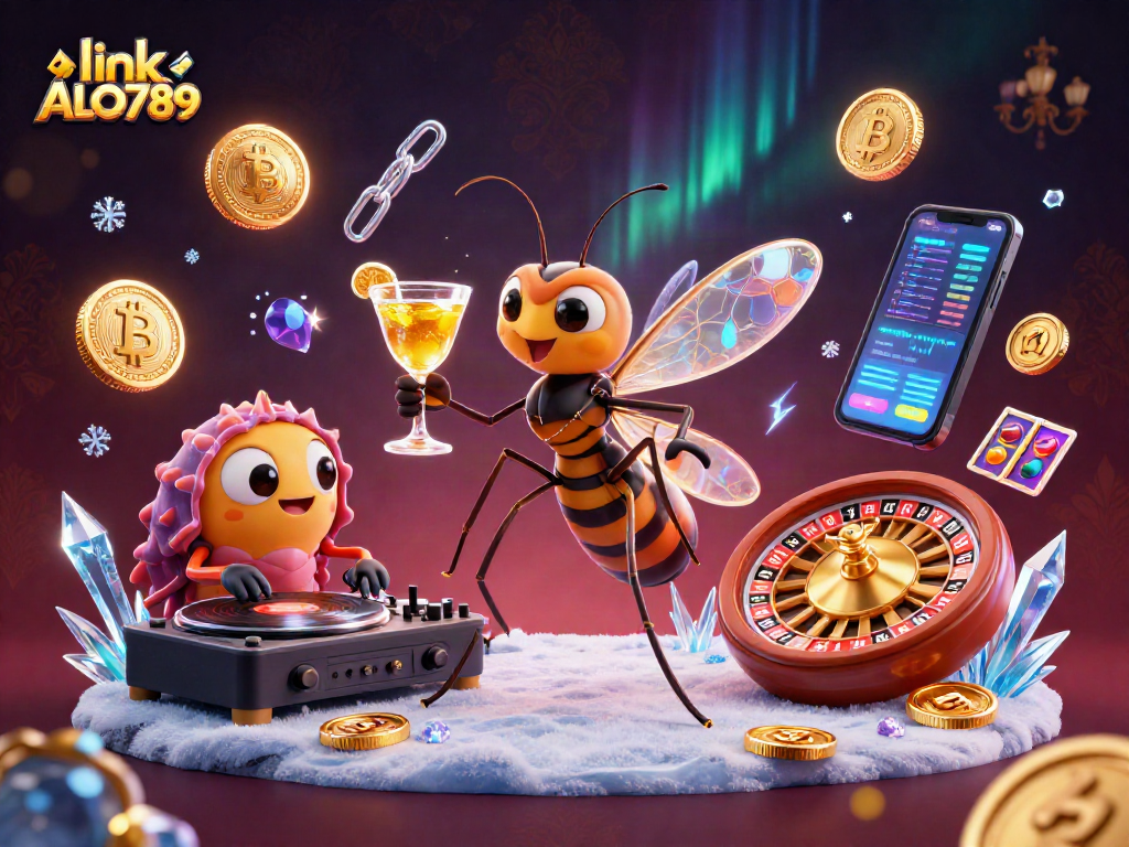 Engage with exciting games at link ALO789, featuring rich 3D casino illustrations and crypto elements.