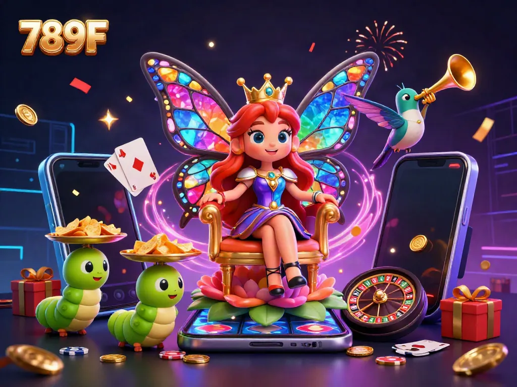 Experience thrilling wins with 789F in a vibrant casino illustration, showcasing dazzling games and characters.