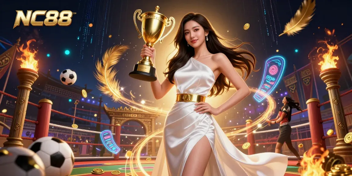 Experience the excitement of NC88 with a stunning illustration of a victorious Asian woman holding a trophy in a vibrant casino setting.