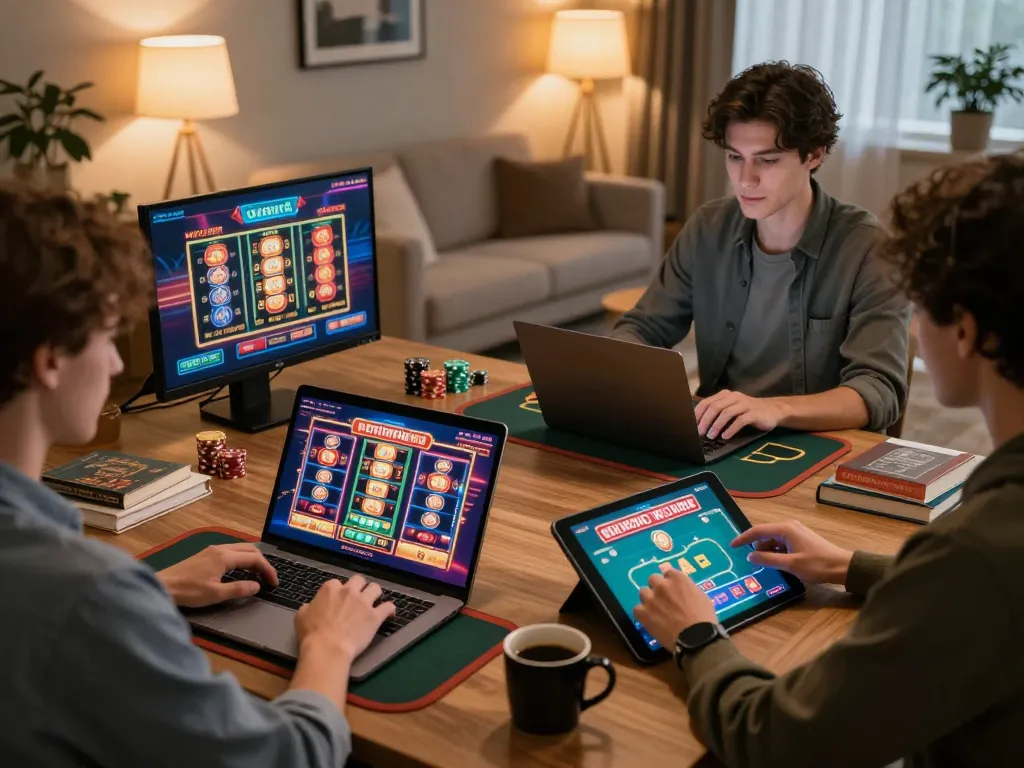 Players strategizing in an engaging online casino game experience, showcasing KING79 setups at home.