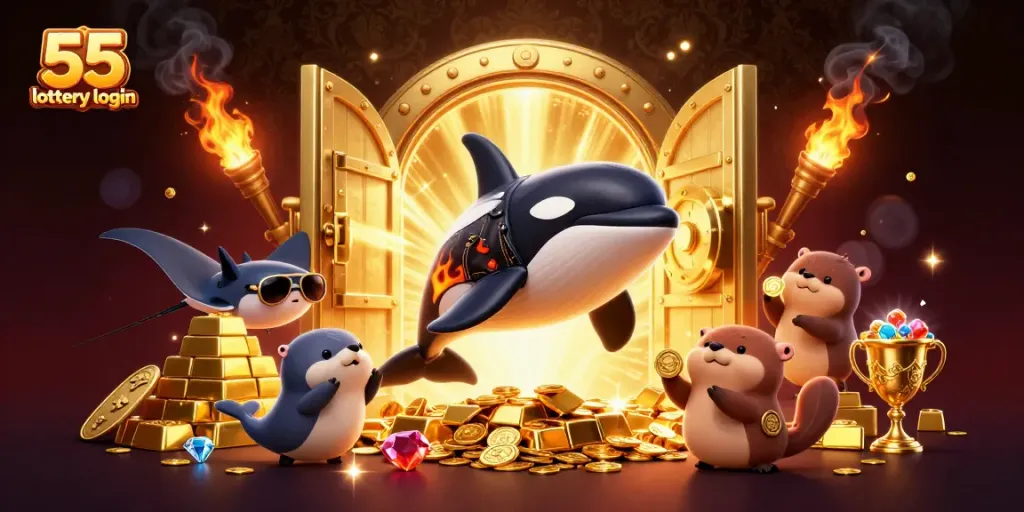 Engage with the thrilling games at 55 lottery login on this vibrant casino illustration.