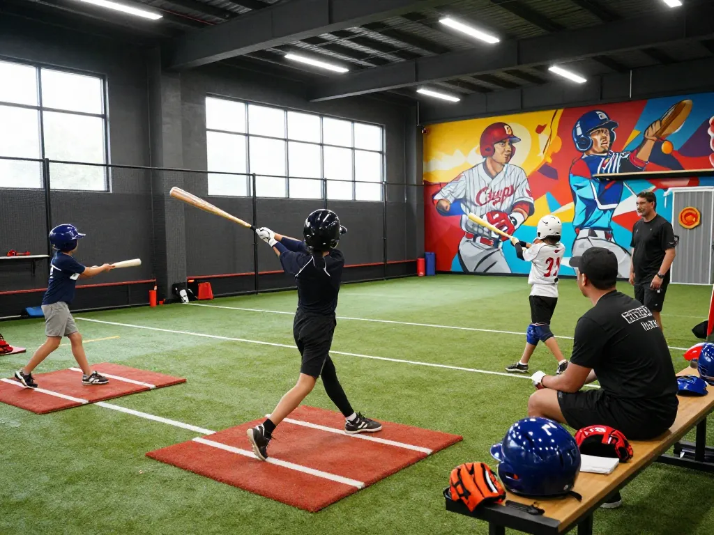 Hitclub athletes training at a batting cage facility with coaches and sports equipment