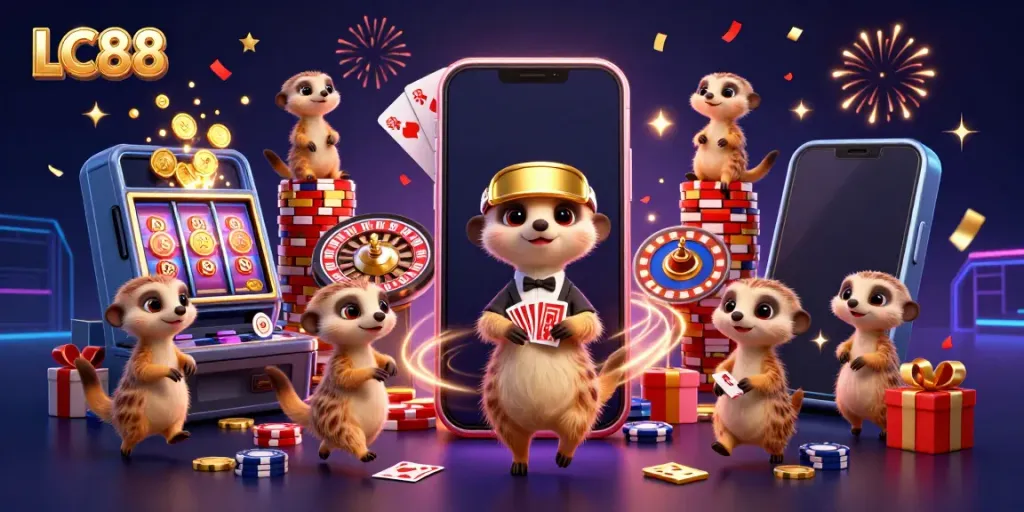 LC88 meerkats orchestrating a casino scene, showcasing thrilling games and vibrant winnings.