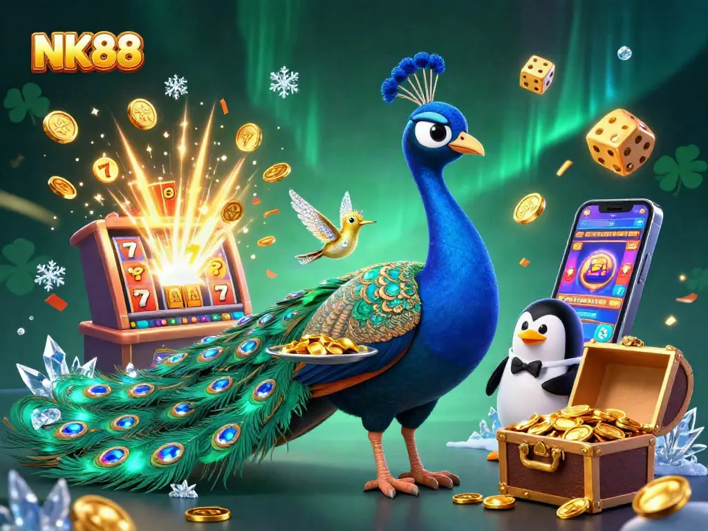 Spin the reels with NK88, featuring an aristocratic peacock and a jackpot explosion in a vibrant casino scene.