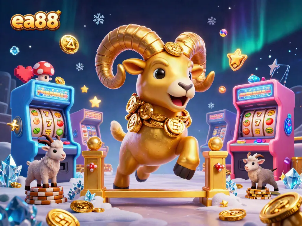 Play lucky slots at ea88 with golden ram mascot and colorful game elements in this vibrant casino scene.
