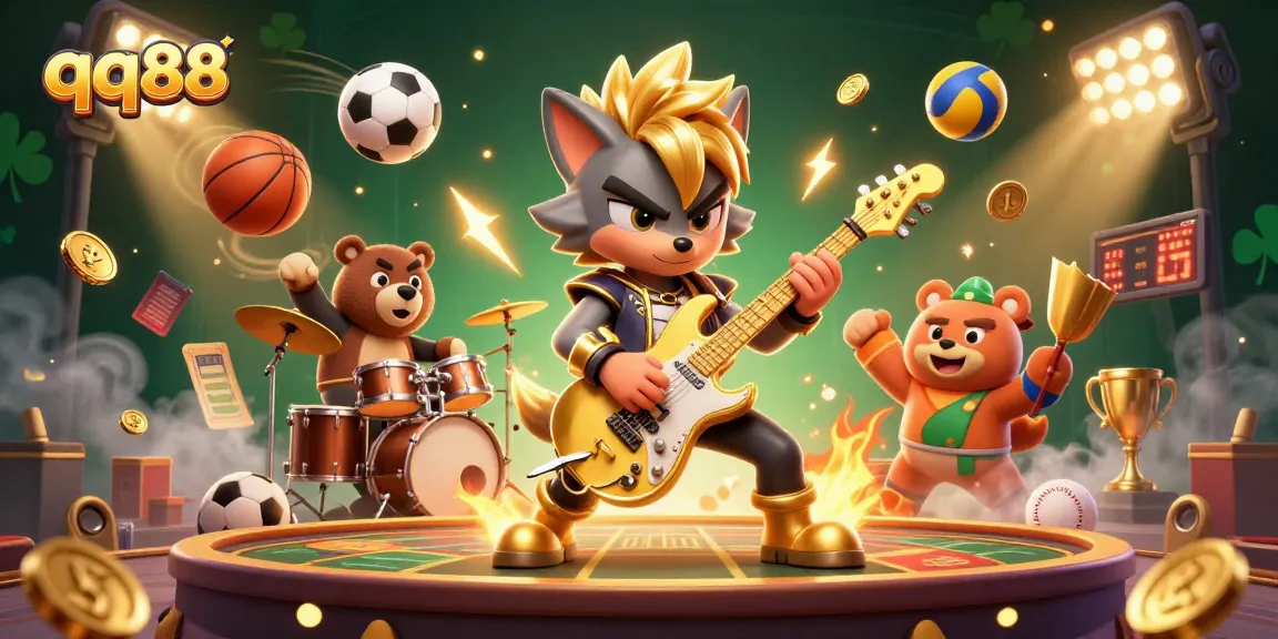 Experience thrilling gaming action with qq88, featuring vibrant characters, sports balls, and a lively casino atmosphere.