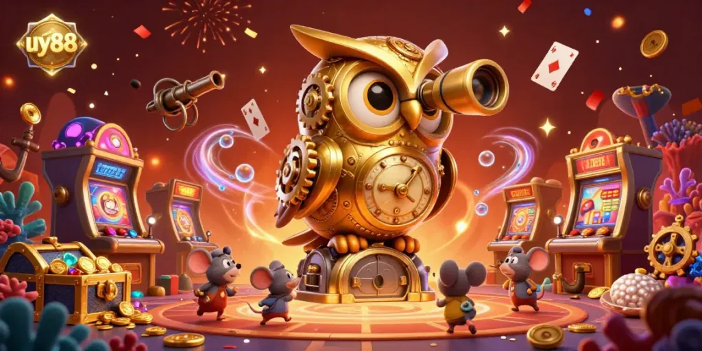 Engaging scene with uy88's golden owl scanning a colorful casino with festive elements and treasure chests.
