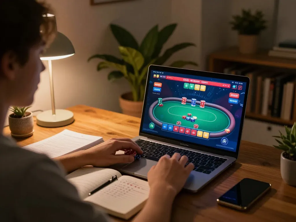 Player engaging in online poker game at home with nhacaiuytinn platform visible on screen.