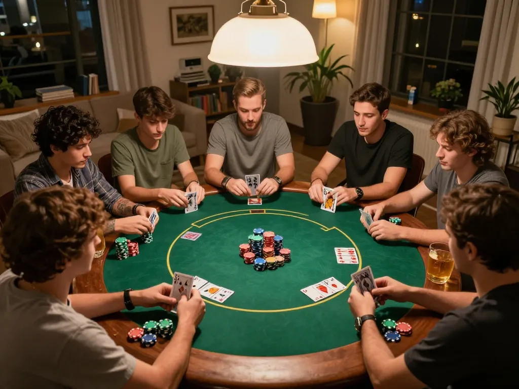Friends enjoying a thrilling poker night at home, showcasing engaging gameplay with qh88go elements.
