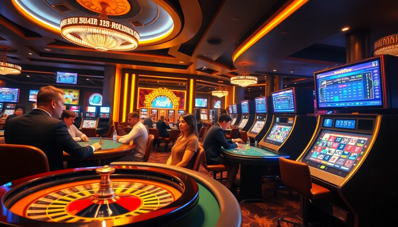 Players enjoying games at xoso66, featuring a roulette wheel and poker table in a luxurious casino setting.