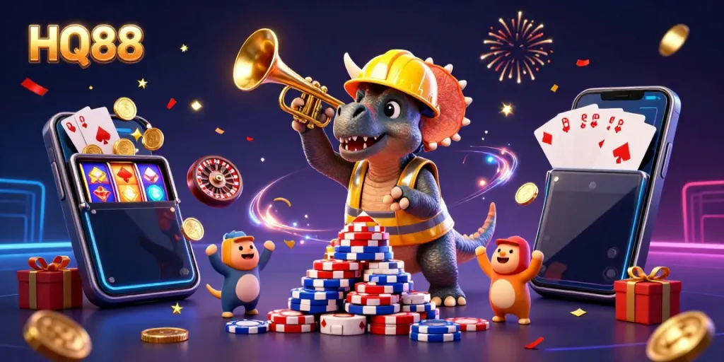 Join the excitement at HQ88 with a cartoon triceratops and friends celebrating casino games and winning