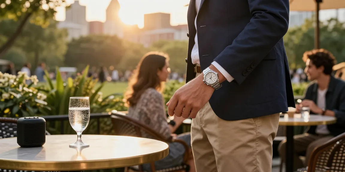 Stylish individual displaying a replica watch in a vibrant city park, showcasing luxury and sophistication.