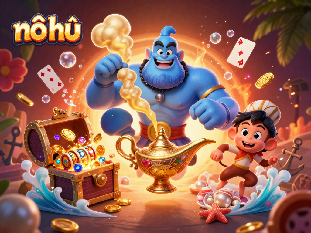Nổ hũ slot action scene with a blue genie, monkey, and dynamic casino elements bursting with excitement