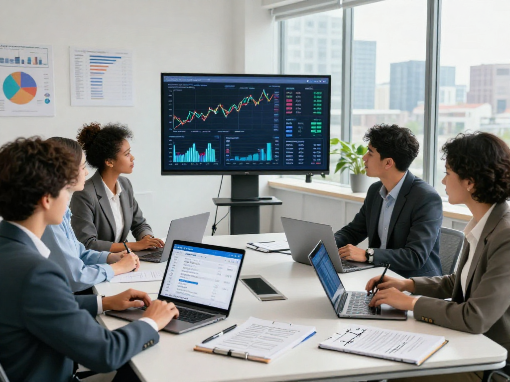 Professionals collaborating in a modern office setting showcasing IDXSTAR real estate analytics on tablets and screens.