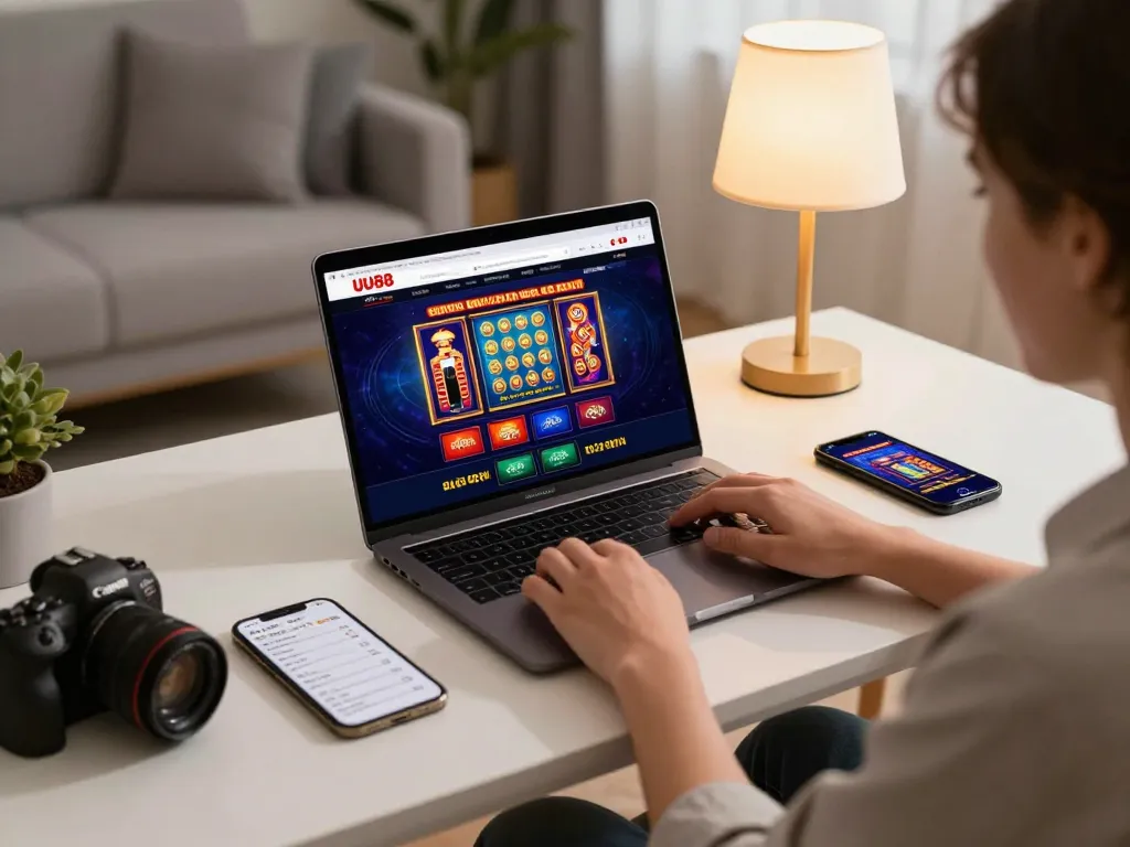Engaging with UU88 casino platform at a stylish home gaming setup showcasing laptop and smartphone.