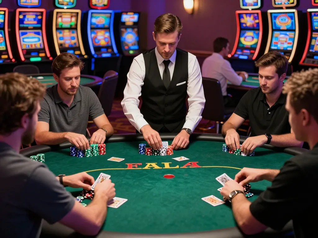 Engaged players analyzing poker strategies while enjoying soi kèo on a vibrant casino floor
