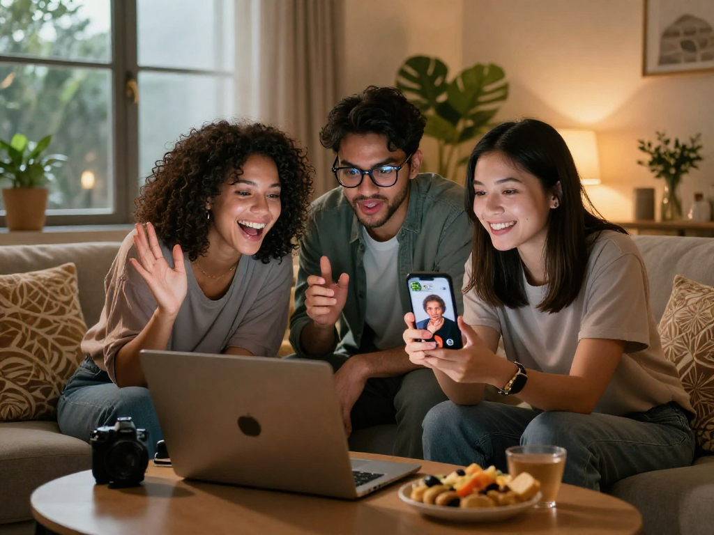 Friends video chatting joyfully on a couch, highlighting ia +18 engagement.