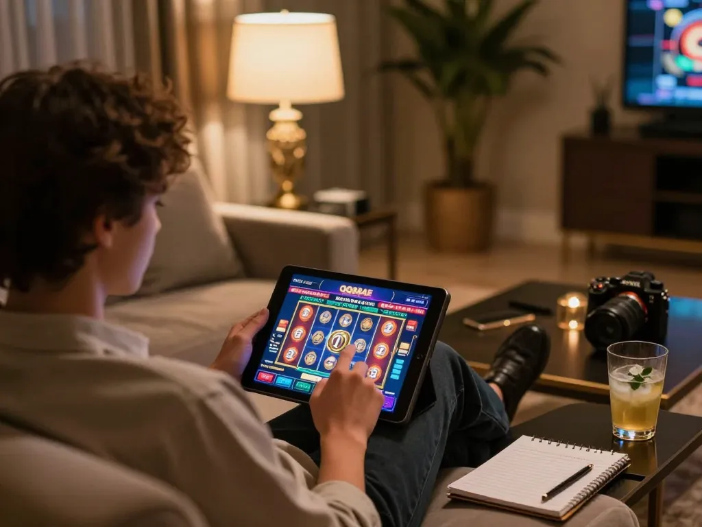 Engaging in online gaming with QQ88AE on a tablet in a cozy setup, showcasing strategic bets and lively atmosphere.