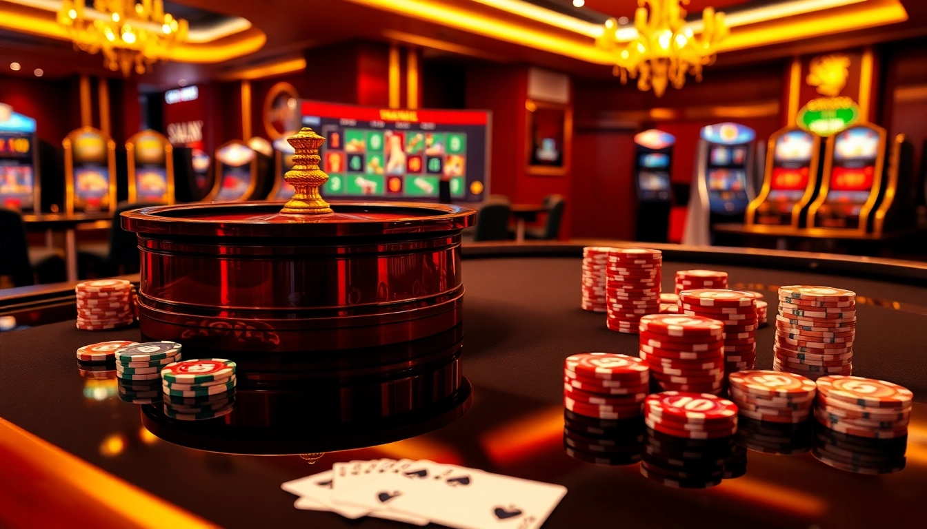 Place your bets at https://tr88.autos/ with a luxurious casino setup showcasing roulette, chips, and cards.