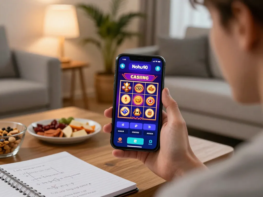 Nohu90 player enjoying mobile casino games while tracking strategies at home