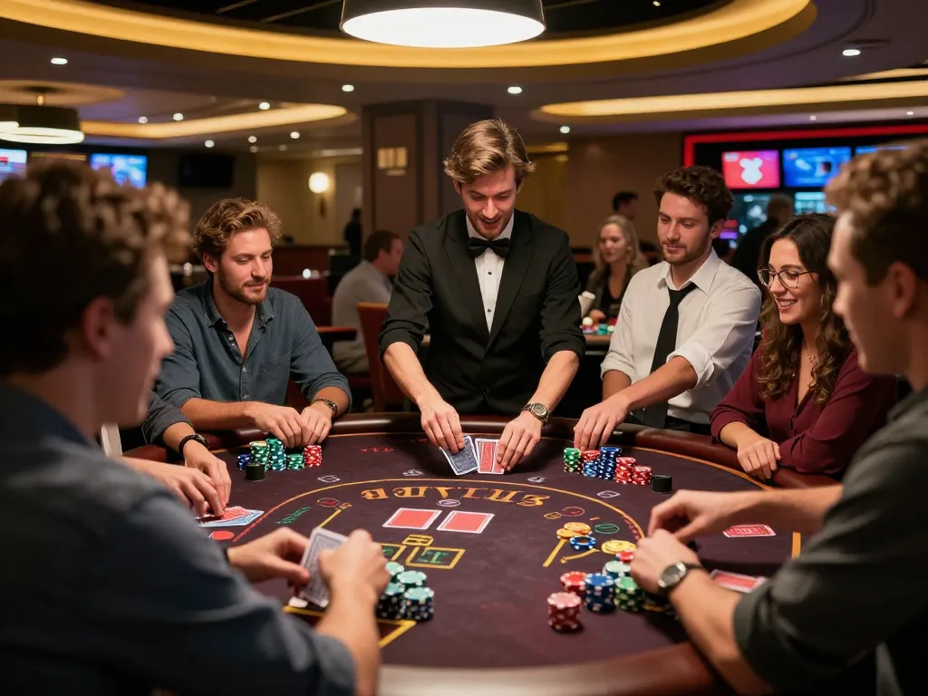 Players enjoying an engaging blackjack game at sunwintop casino, showcasing strategic gameplay.