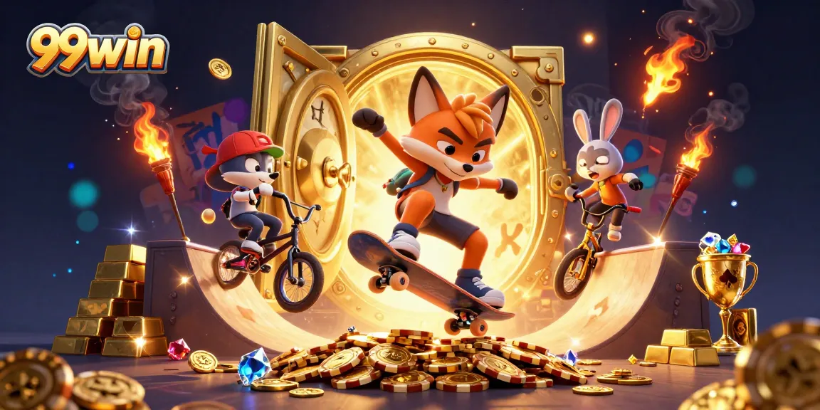 Experience the thrill of 99win with vibrant characters skateboarding in a casino-inspired scene.