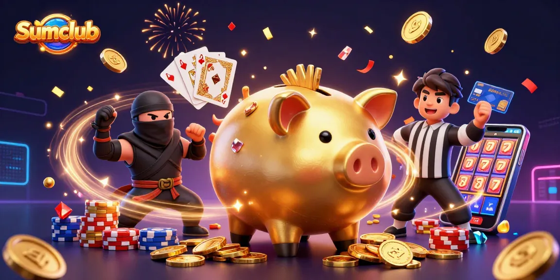 Sumclub offers thrilling casino action featuring a dynamic scene with 3D characters and vibrant gambling elements.