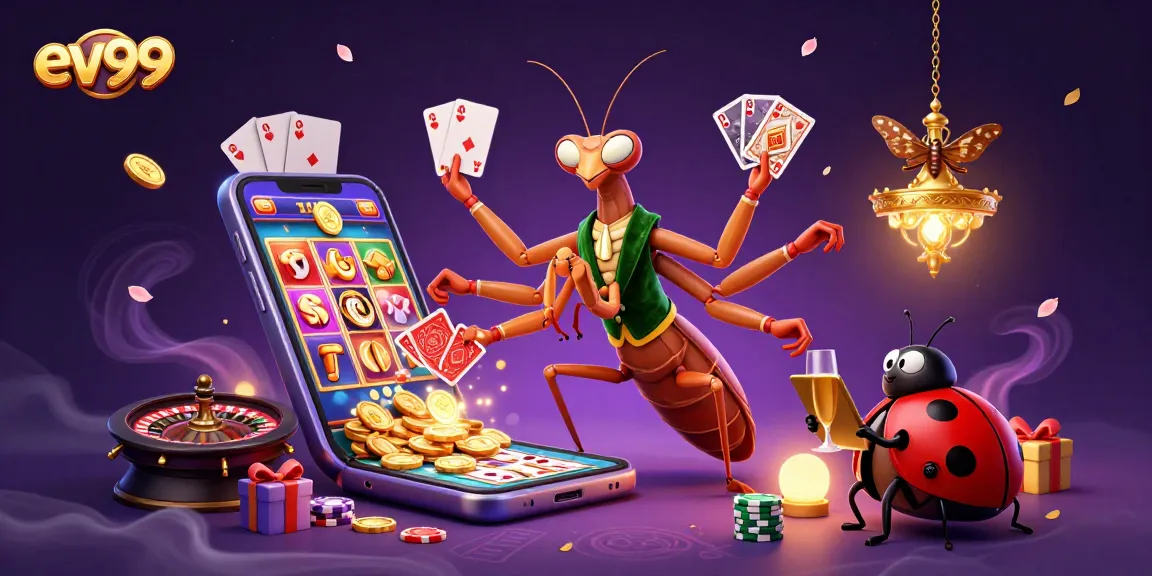 ev99 showcases a vibrant casino scene with a mantis card sharp and ladybug pit boss.