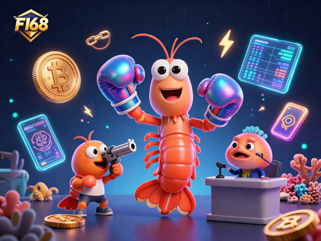 Experience F168's vibrant gameplay in a dynamic 3D rendering with colorful characters and crypto elements.