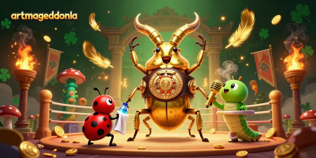 Engage with artmageddonla's vibrant casino-themed showdown illustration featuring a golden stag beetle and a ladybug.