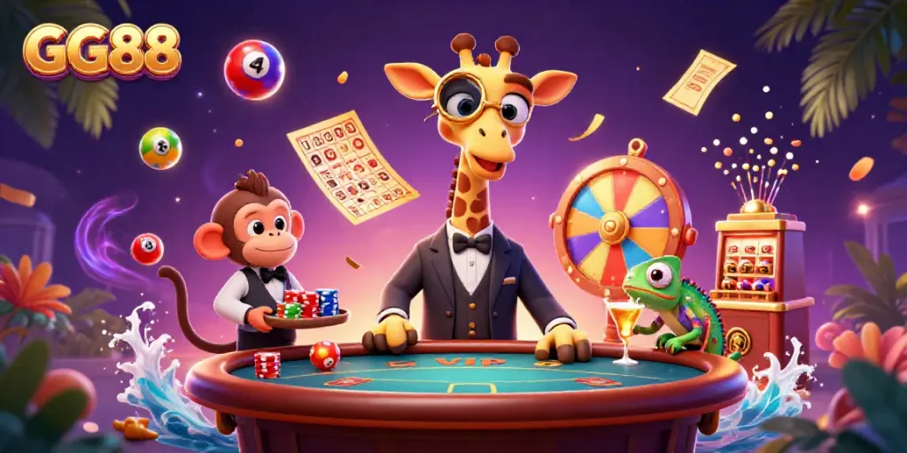Experience the excitement of GG88 with a high-roller giraffe at a lively casino scene.
