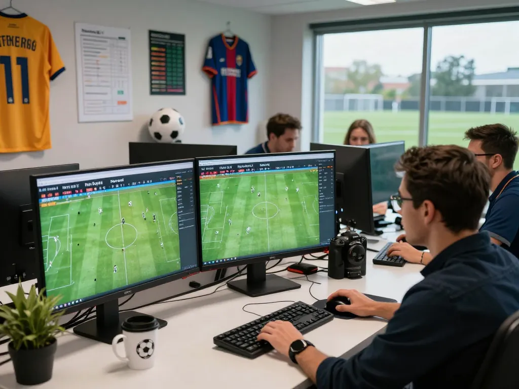 Soccer analysts working on real-time statistics and scores from nowgoal in a modern sports office.