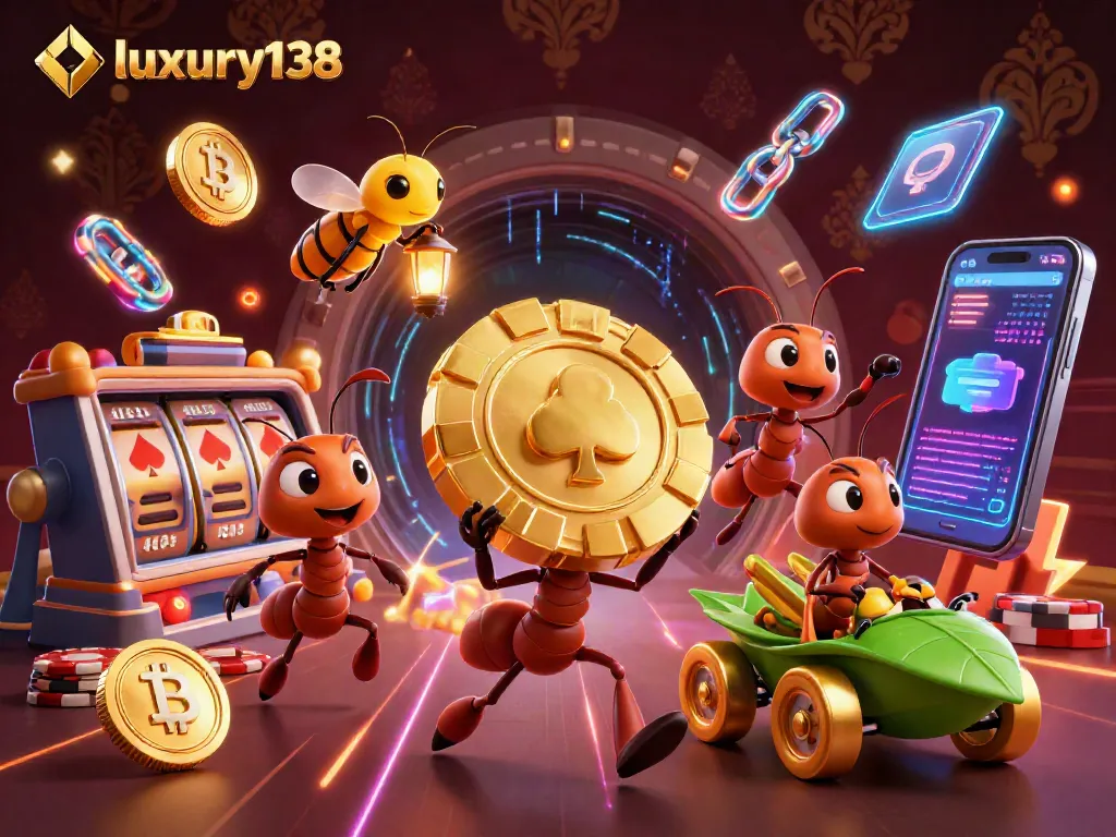 Experience thrilling gameplay at luxury138 with a heist-themed illustration showcasing animated ants and casino elements.