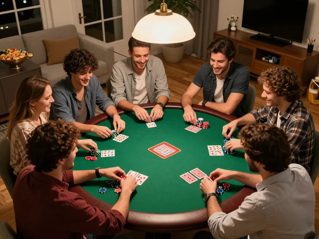 Players enjoy a home poker night, strategizing their next moves at a table while engaging with nagapoker.