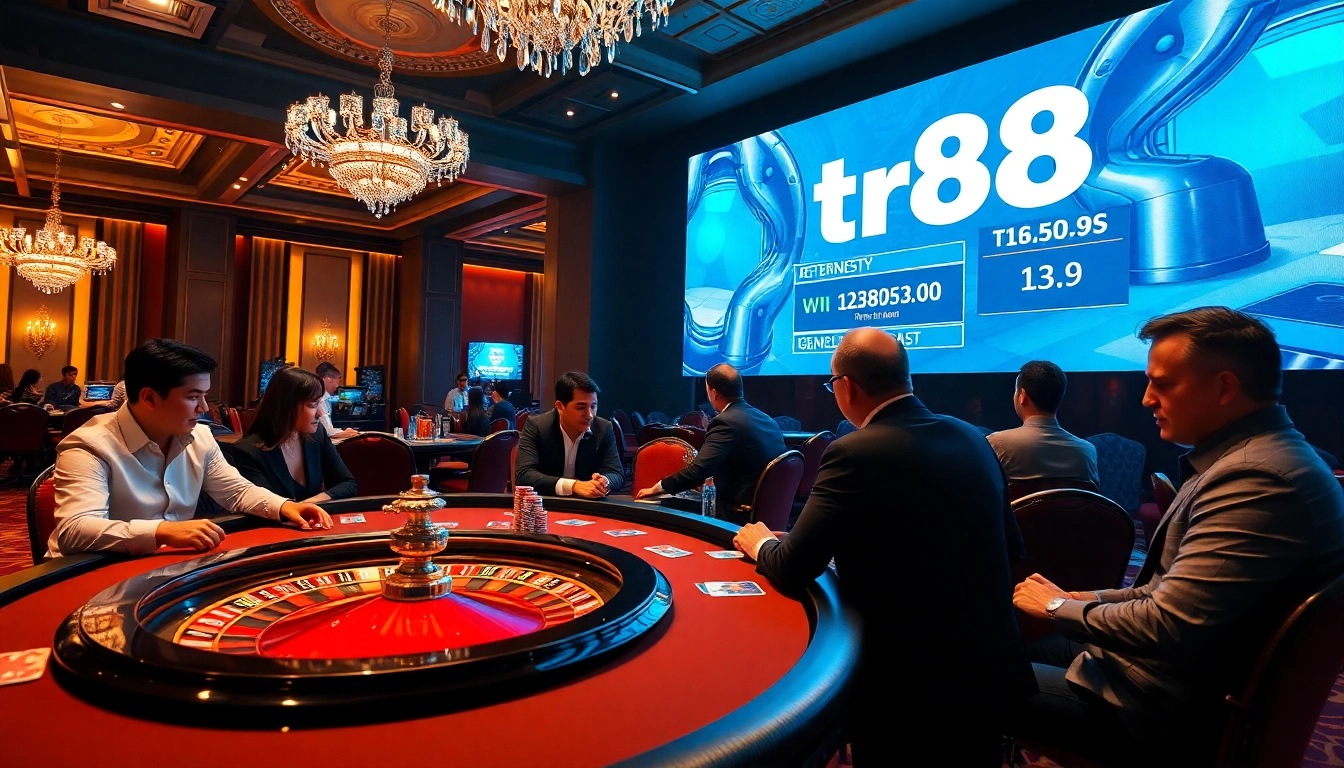 tr88 poker players strategizing at a vibrant casino table with chips and cards.