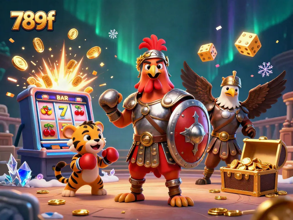 Engage with 789f's vibrant casino world through a dynamic scene of a gladiator rooster and tiger cub amidst a jackpot explosion.