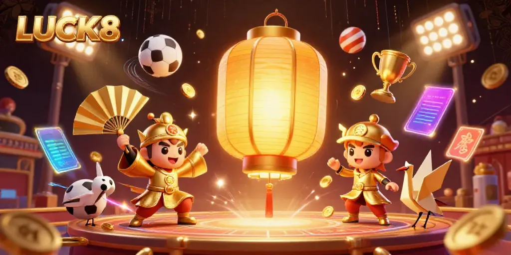 Experience exciting gaming with LUCK8's vibrant 3D casino scene featuring sports and golden lantern elements.