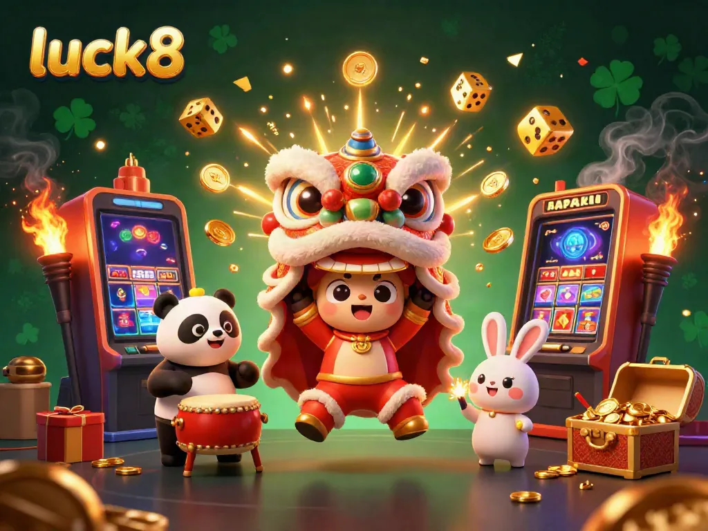 Experience thrilling gameplay with luck8: dynamic casino scene with characters, slot machines, and festive elements.