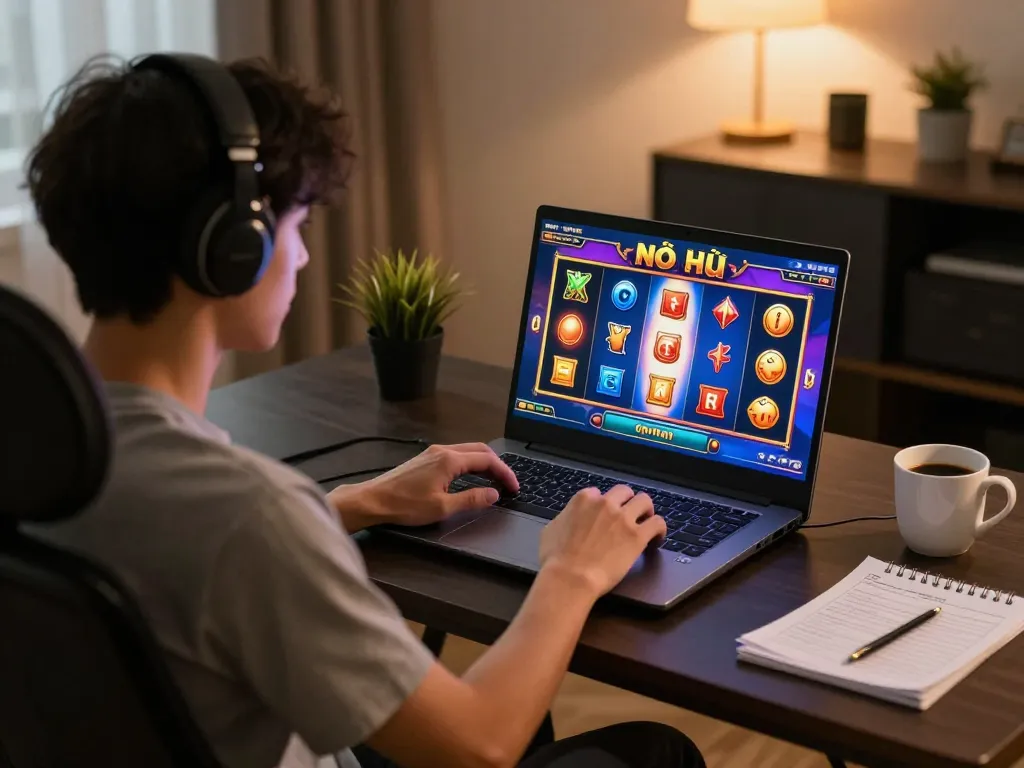 Engaging in nổ hũ online slot gaming at home with vibrant interface.