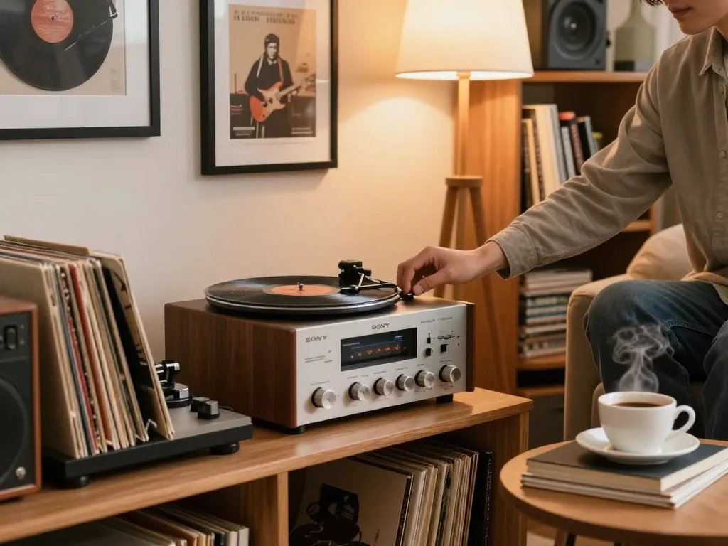 Person interacting with the Sony TA88 amplifier in vintage audio setup for music lovers.