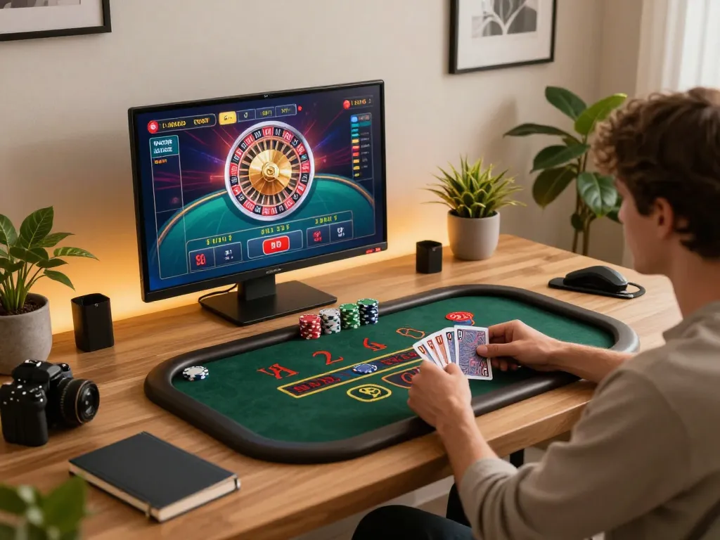 N188 player engaging in live dealer games on a tablet in an elegant home setup