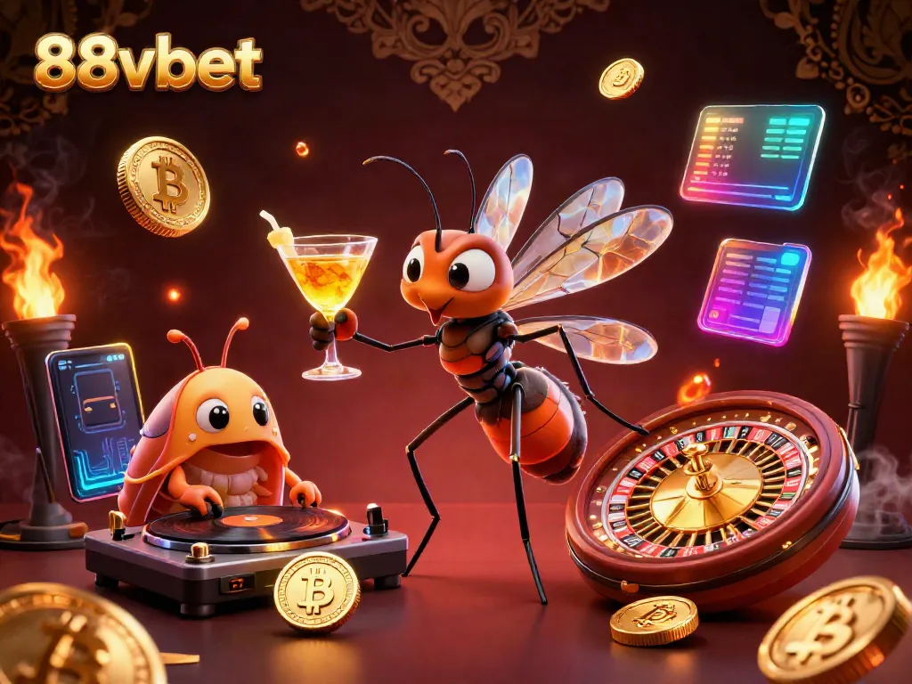 Experience gaming thrills at 88vbet with vibrant characters, coins, and casino elements.