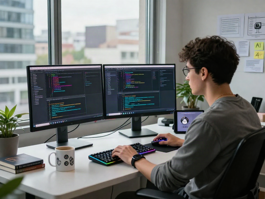 AI +18 software developer coding in a vibrant workspace with city views and tech elements.