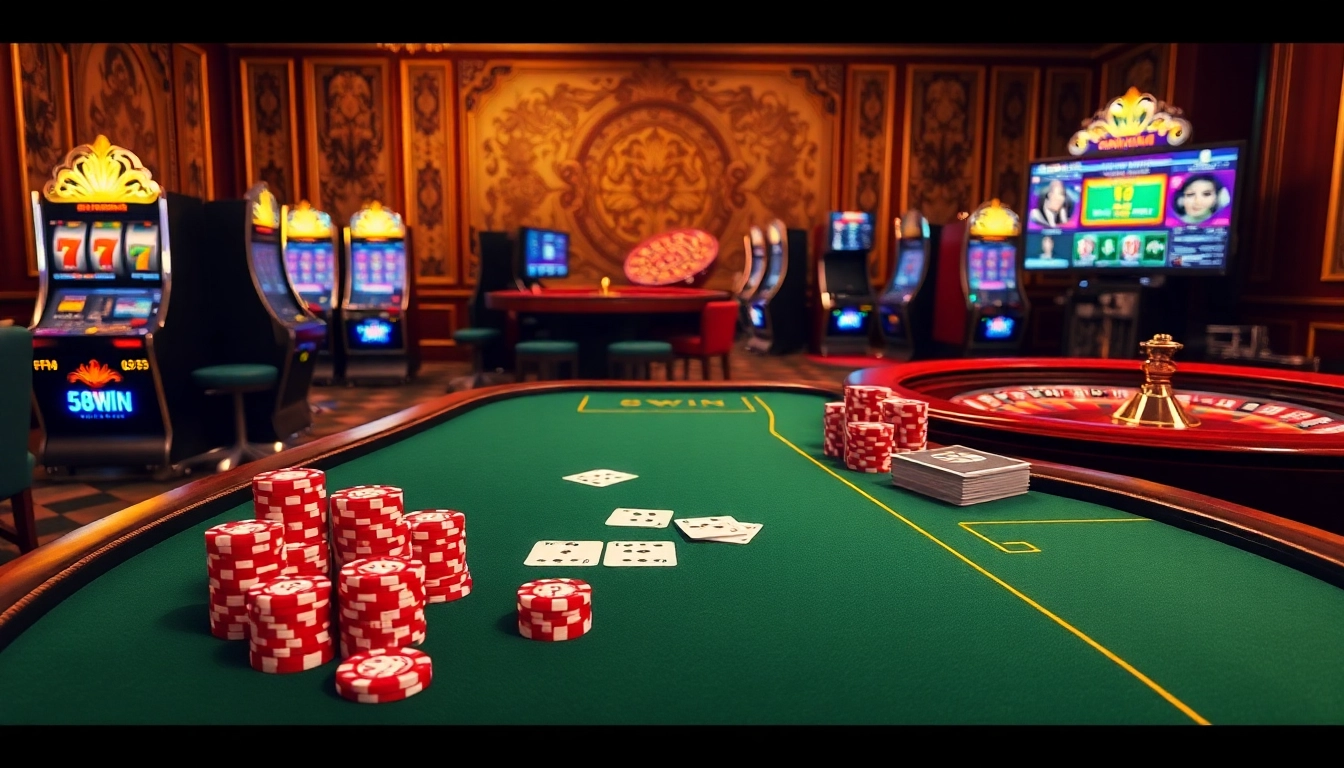 Experience thrilling gaming at https://58win.cafe/ with vibrant poker chips and luxurious casino tables.