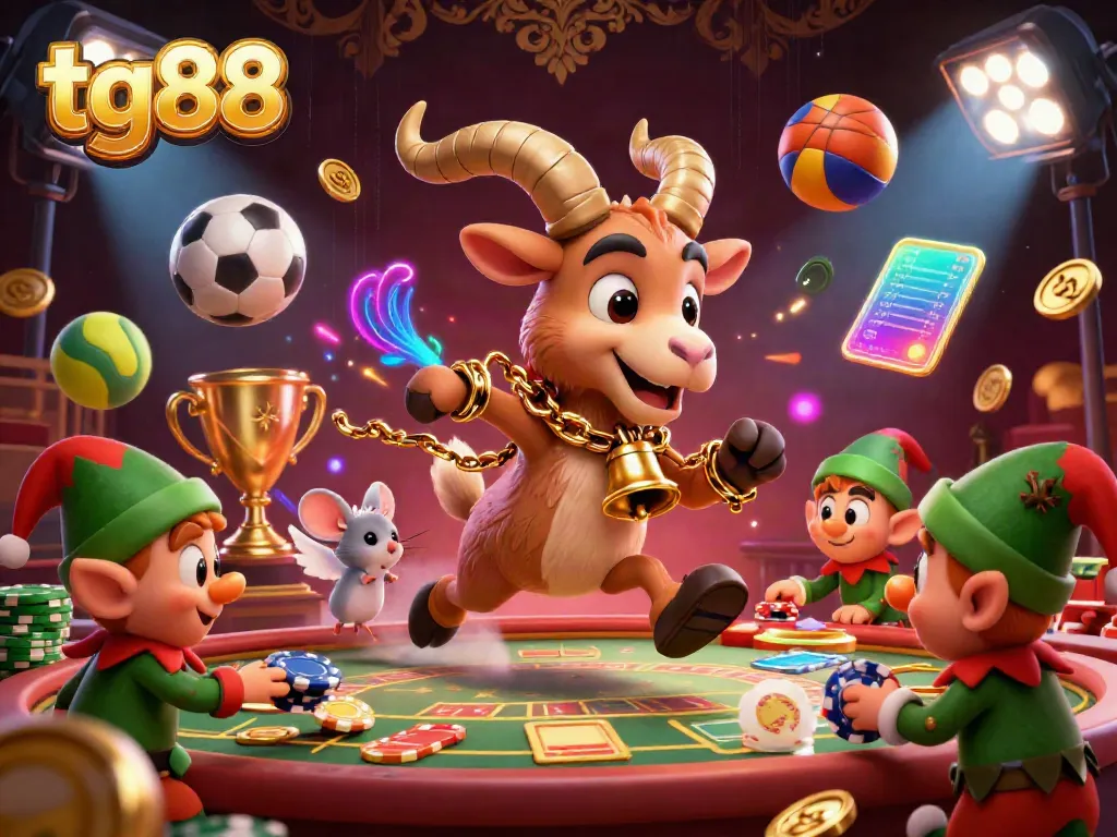 Experience tg88's holiday-horror casino with a Krampus goat managing chaos and festive gambling fun.