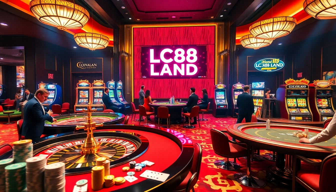 Engaged gamblers enjoying a vibrant casino experience at LC88 Land with roulette and slot machines.