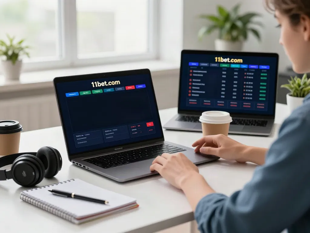 Engaging user experience on 11bet.com with smartphone at modern desk.